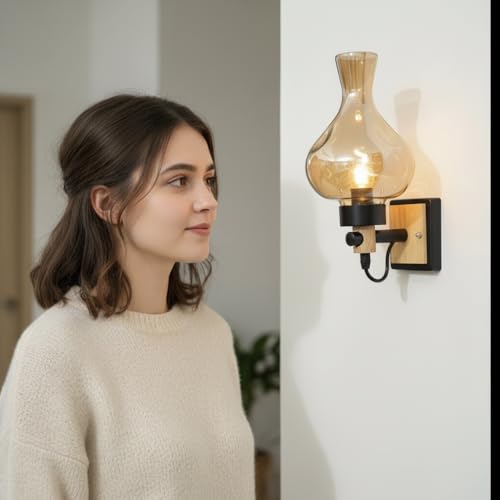 Image of BrightLyt Stylish Glass Wall Lights for Living Room, Home Decoration Wall Lamps for Bedroom /Bathroom, Mirror Side Wall Scone Fixtures, Classic Design (Wood, Metal & Glass)