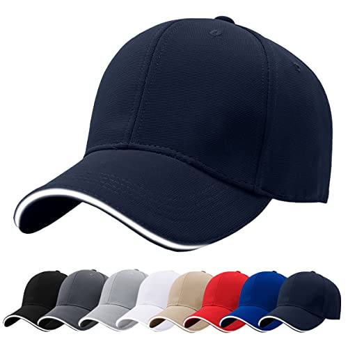 Baynetin Men Baseball Caps, 100% Cotton 6 Pannels Plain Solid Color Hat,Pre-Curved Visor with Sandwich. Adjustable Breathable Summer Sun Hat Sports Cap for Outdoor. (Navy)