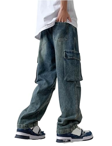 Men's Casual Vintage Loose Straight Hip Hop Cargo Denim Streetwear Jeans Pants2