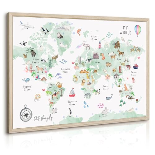 Joocrise Green Kids World Map Wall Art Animal Map Canvas Art Nursery Wall Decor World Map Poster Childrens Room Decor Playroom Prints Educational Artwork 16x24 Inch Wood Frame