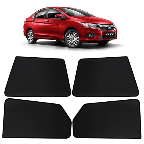 Image of OTO2EYE Car Sun Shade Compatible for Honda City Model-2017-2019, Z-Black Fix Type Side Window Curtains, Only Half Cut in Front Window, 4 Pieces Set