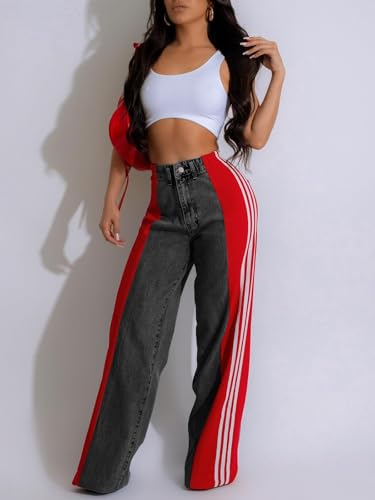 KANSOON Womens Jeans High Waisted Patchwork Side Stripes Color Block Stretchy Wide Leg Straight Trendy Denim Pants3