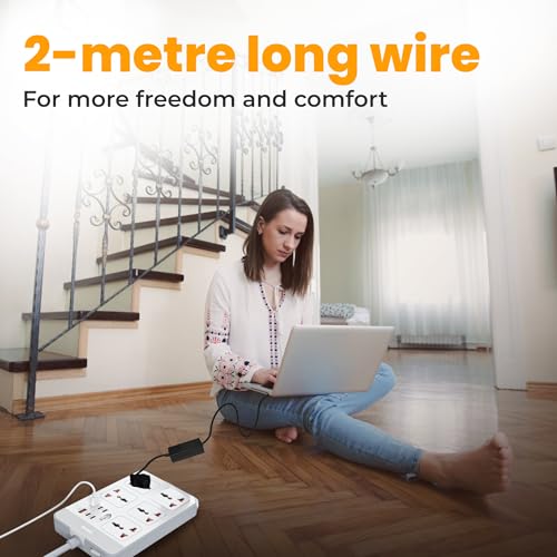 Image of OTEK Extension Board with 5 Universal Sockets 6 USB Ports 4 Type C and 2 Type A Ports 2 Meter Cord 2500W 10A Surge Protector Fire Resistant ABS Body Multiplug Socket with Safety Shutter White