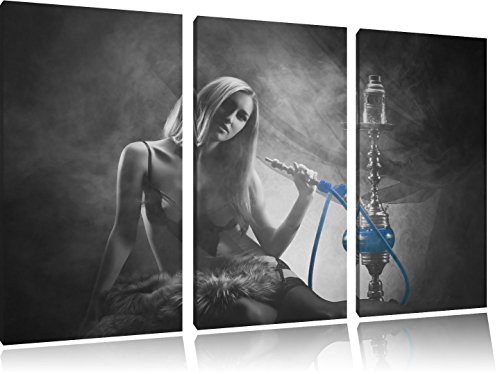 Frau neben Shisha schwarz/weiß auf 3-Teiler Leinwandbild 120x80 Bild auf Leinwand, XXL riesige Bilder fertig gerahmt mit…