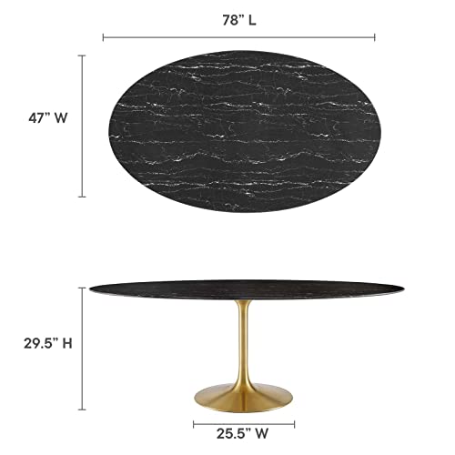Image of Modway Lippa Oval 78 inch Mid-Century Modern Artificial Marble Dining Table in Gold Black