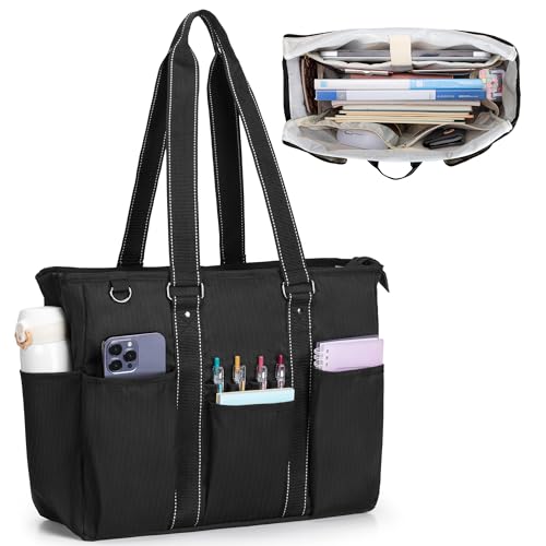 [Damero] 教師用トートバッグ ビジネスバッグ 大容量 多いポケット A4書類収納 ペン差しや15.6インチノートパソコン用スリーブ付き 通勤 通学 旅行 訪問 出張 ブラックのサムネイル