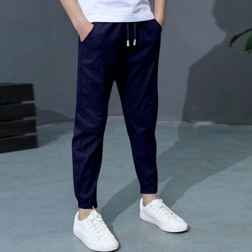 Boys Linen Pants Kids Baggy Straight Leg Sweatpants Elastic Waist Drawstring Jogger Casual Beach Trousers with Pockets2