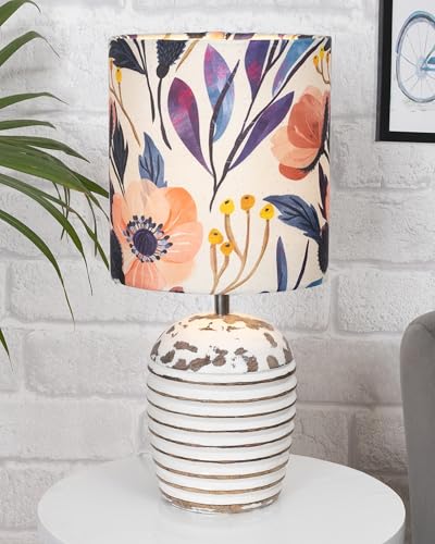 Image of Homesake Decorative Wooden Table Lamp for Living Room, E27 Holder | Bulb Included |Bedside Night Lamp & Bedroom, Office | Ribbed Basket Design Modern Home Decor Table Light, Blue Flower Print Shade
