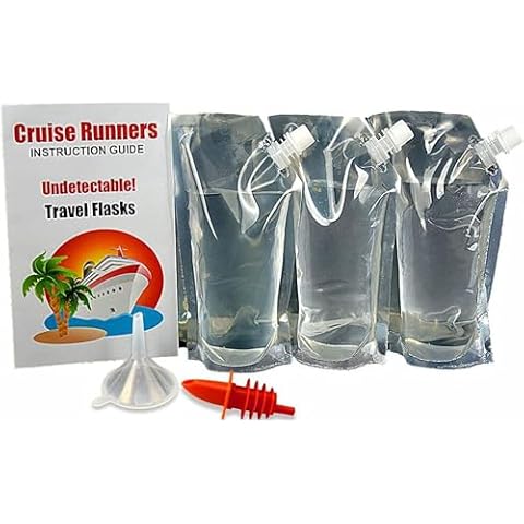 CRUISE RUNNERS Rum Runners for Cruise Flask Kit Sneak Hidden Alcohol Liquor Smuggle Booze Pouches Bags (4 x 32 oz + Travel Funnel Pour Spout) Cover