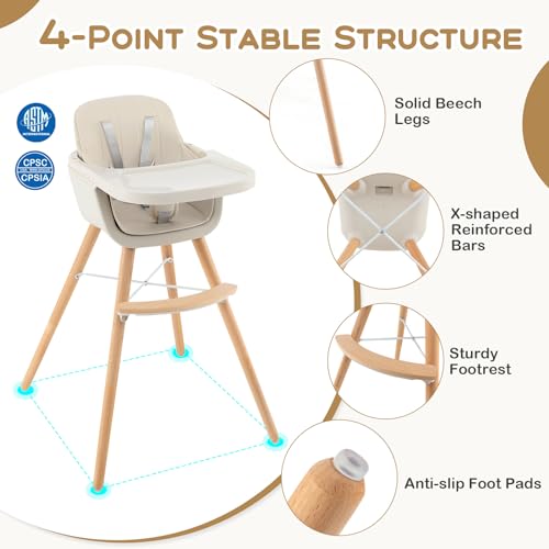 Image of Nightcore 3-in-1 Convertible Baby High Chair, Infant Multi-Purpose Dining Chair with Removable Tray & Adjustable Legs, Toddler Dining Chair with 5-Point Seat Belt & PU Pad (Beige)