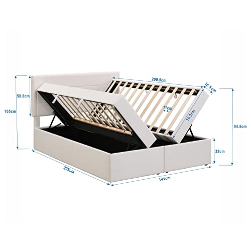 Kehun Boxspringbett Polsterbett 140x200, Doppelbett mit Lattenrost aus Metallrahmen, Bett mit Großer Stauraum und Kopfteil, Stauraum Betten Bettrahmen für Familie, Leinen, Beige, ohne Matratze – Bild 3