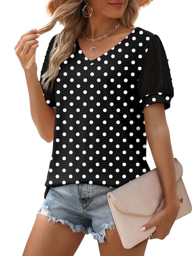 Image of Aokosor Womens Summer Tops V Neck T Shirts Swiss Dot Puff Sleeve Tops Loose Casual Tshirts