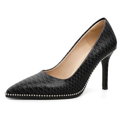 SAMMITOP Women's Stiletto Heels Beaded Slip On Pumps Shoes Closed Pointed Toe Dress Snakeskin High...