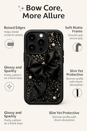 Image of COVERLY Black Bow Glitter Back Case for iPhone 12 Pro | 3D Minimalist Pearl Ribbon Cute Design | Camera Lens Protection | Soft TPU Silicone Aesthetic Print Cover for Girls & Women (Black, Shockproof)