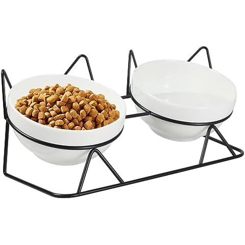 Elevated Tilted Cat Bowls for Indoor Cats，Raised Ceramic Cat Bowl Elevated 15°,Pet Feeding Bowls for Food and Water Anti Vomiting Bowl(Double Ceramics Bowls and Tilt Shelf) Suitable for All Cat Sizes Cover