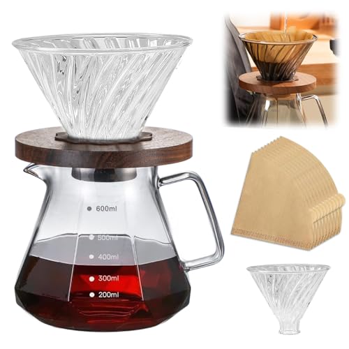 RNPKZ Pour Over Coffee Maker, 600ML Borosilicate Glass Coffee Server with Walnut Collar Base, Glass Funnel and 100 Pieces V60 Cone Paper Filter, Clear Drip Coffee Maker for Home, Café, Restaurant, Camping