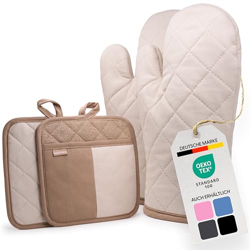 Bellphany Topflappen und Ofenhandschuhe Set - Topfhandschuhe zum Kochen & Backen, Backhandschuhe aus Baumwolle, hitzebeständig bis 250°C, Beige Bellphany Topflappen und Ofenhandschuhe Set - Topfhandschuhe zum Kochen & Backen, Backhandschuhe aus Baumwolle, hitzebeständig bis 250°C, Beige