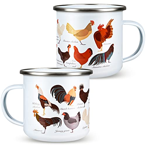 Vaipi Hen Enamel Mug Set Of 2 12 Oz Funny Enamelware Coffee Cup Small Camping Cup Handmade Chicken Sublimation Mugs For Family Gathering,Picnic, Fishing, Friend Party Tea Hot Chocolate Cups #TOP5