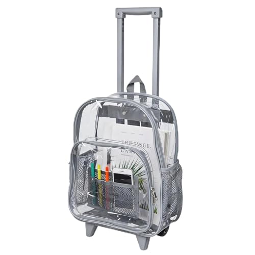 COVAX Rolling Clear Backpack, Heavy Duty See Through Bookbag, Transparent PVC Cold-resistant Backpack with Wheels (Grey)