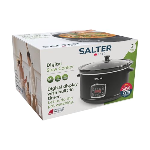Salter Digital 6.5L Slow Cooker – 3 Heat Settings, Auto Keep Warm, LED Display, Built-In Delay & Cook Timer, Dishwasher Safe Ceramic Pot, Tempered Glass Lid With Steam Vent, Cool Touch Handles, 320W