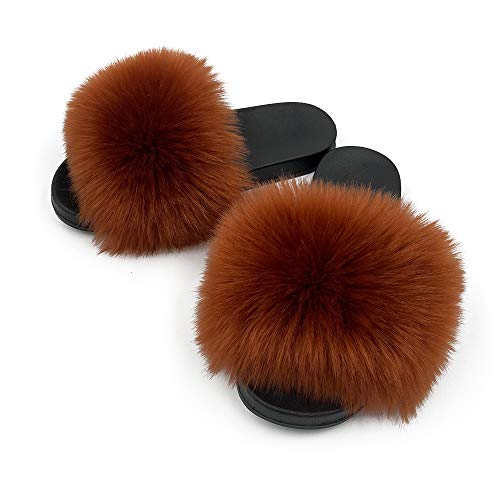 Image of Women's Faux Fur Slides Slippers Fluffy Fuzzy Sandals Open Toe Furry Slide Flip Flop Indoor Outdoor