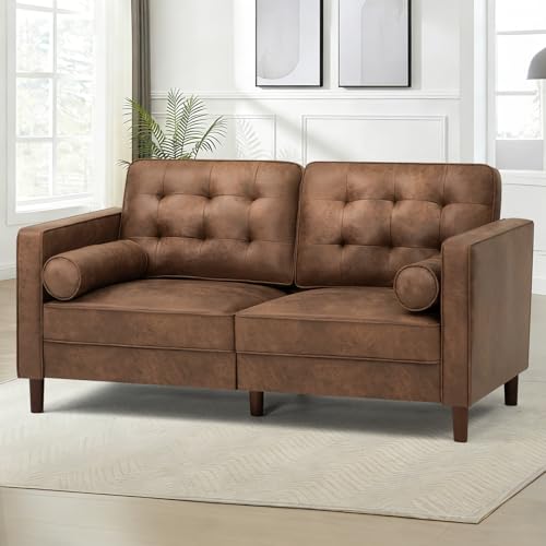 Image of 67 inch Suede Leather 2-seat Sofa with Two Bolster Pillows, Brown | Tufted Loveseat with Wooden Legs, Morden Sofa Suitable for Living Room, Office
