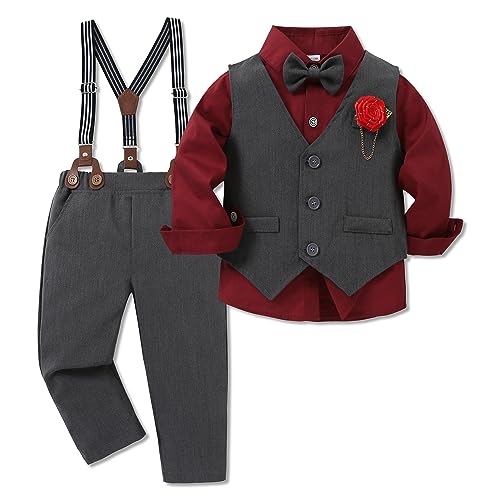 WESIDOM Toddler Boy Outfits Suit, Formal Dress Shirt+Bowtie+Vest+Boutonniere+Suspender Pants Boys
