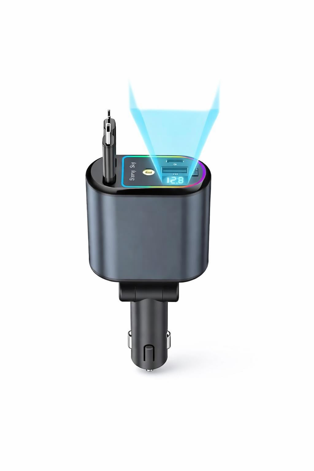 4-in-1 retractable car charger, 120w fast car charger with usb-a, usb-c, built-in type-c & lightning cables, digital voltage display, compatible with iphone, android & tablets