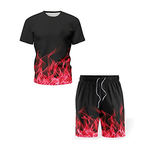 Qichenx Homme Ensemble Short Et Tee Shirt Imprimé Flamme Sport Homme Sportswear Costume deux pièces décontracté à la mode Decontracte Running Fitness Musculation Ensembles (rouge, S)