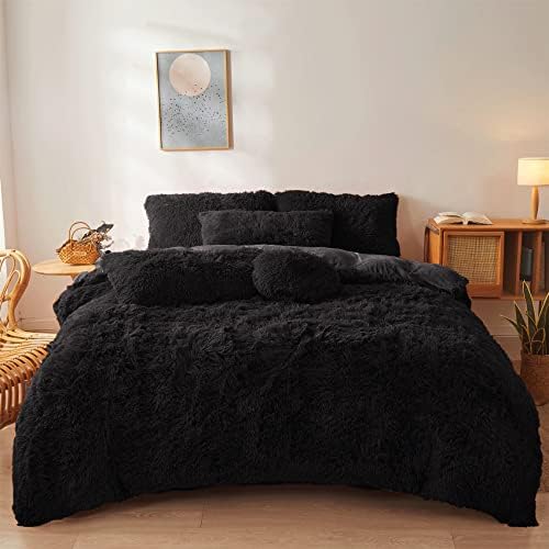 Black Fur Comforter Cover Set Queen - Ultra Soft Fluffy Plush Black Bedding Sets 3 Pieces (1 Faux Fur Duvet Cover + 2 Faux Fur Pillow case) Black Fluffy Bed Sets (Black, Queen)