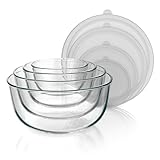 Arendo - Salatschüssel aus Glas mit Deckel - Glasschüssel 4er Set - 700ml + 1100ml + 2700ml + 4400ml – Rührschüsseln klein bis groß – Borosilikatglas - Glasschale Salatglasschale