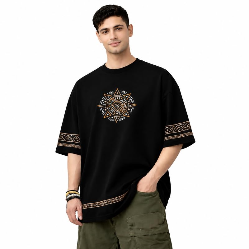 Men's Oversized Black T-Shirt | Dharma Rakshati Rakshitah Sanskrit Print | Mandala Graphic Oversized Cotton Half Sleeve Round Neck Casual Streetwear Tee for Men & Boys-picture-52