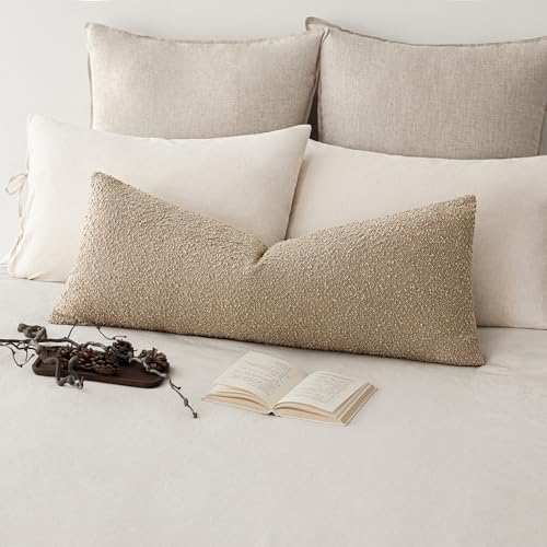 Image of Foindtower Decorative Textured Boucle Throw Pillow Cover Accent Solid Pillow Case Neutral Long Body Lumbar Couch Cushion Case for Chair Sofa Bed Living Room Home Decor 14x36 Inch,1PC,Taupe Khaki Camel