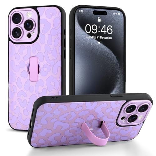 Coque iPhone 15 Pro Max violette léopard avec sangle et support