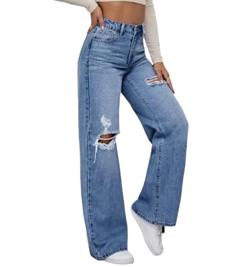 Women's High Waist Distressed Wide Leg Comfortable Fit Jeans - Black, Medium, Light Wash4