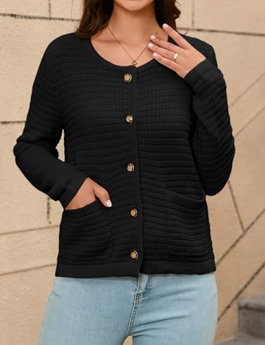 Image of Women's Button Down Cardigan Sweater Chunky Open Front Crew Neck Causal Long Sleeve Knit Outwear with Pockets