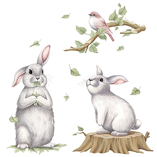 Jameswish Cute Rabbits and Bird Wall Sticker Peel and Sticke Bird Tree Animals Wall Decals for Nursury Kids Bedroom Playroom Wall Decoration Wall Art