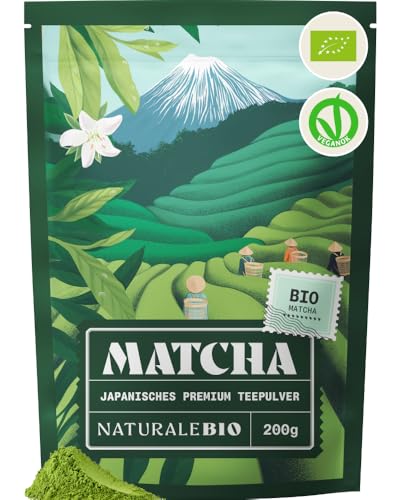 NaturaleBio Matcha Tee Pulver Bio - Premium-Qualität - 200g. Original Green Tea aus Japan. ideal zum Trinken. Grüntee-Pulver für Latte, Smoothies, Matcha-Getränk. Hergestellt in Uji, Kyoto.