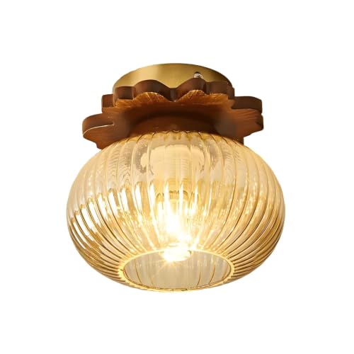 BKEKM Accesorios de iluminación de Madera Maciza Lámpara de Techo empotrada Vintage con Globo de Vidrio ámbar Acanalado, lámpara de Techo de 1 luz de Mediados de Siglo