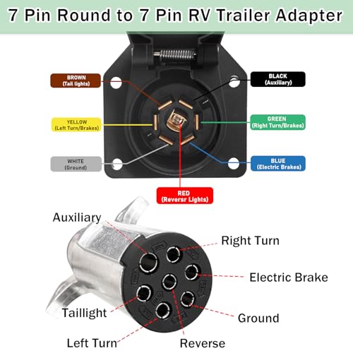 Ruibapa 7 Pin Round to 7 Pin RV Trailer Adapter,7 Pin Trailer Plug Adapter with Mounting Bracket,7 Pole Round to 7 RV Blade Adapter Connector,Trailer Connector