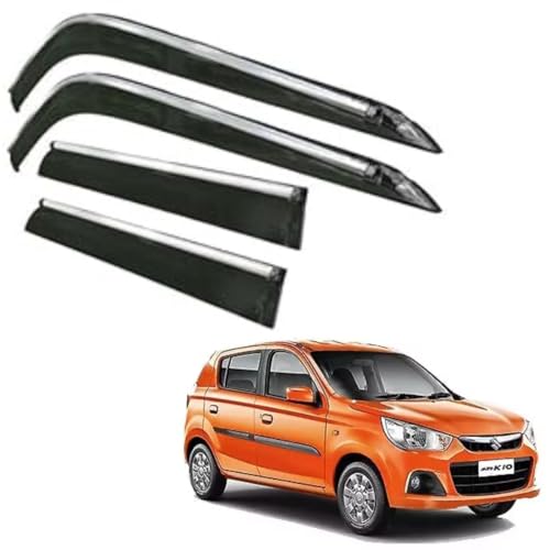 Image of CAR SAAZ Side Door Visors for Alto K10 (2014-2022)(Set of 4Pcs)|Smoke Finish Chrome Lined Rain Guards, Polycarbonate