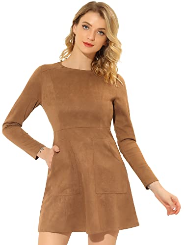 Allegra K Women's Faux Suede Round Neck Pockets Long Sleeve A-Line Dress X-Small Brown at Amazon Women's Clothing store