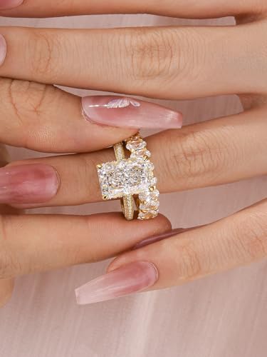 4.5 Carat Radiant Cut Bridal Ring Set for Women, S925 Sterling Silver AAAAA Cubic Zirconia Simulated Diamond Engagement Ring and Wedding Bands2