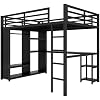 Queen Loft Bed with Desk and Storage Shelves, Queen Loft Bed with Wardrobe, Hanging Rod, Guardrail and Ladder, Balck