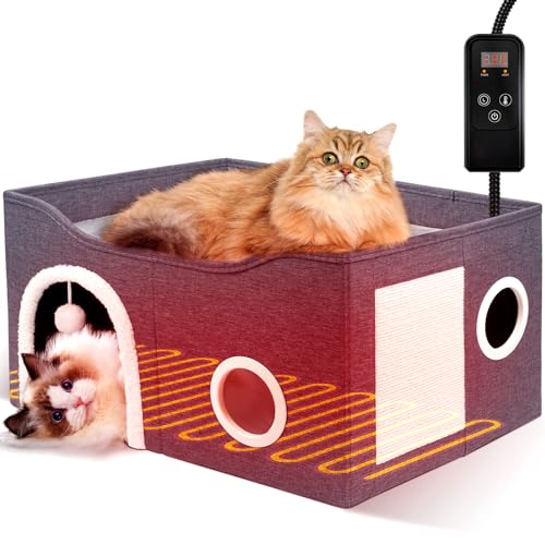 Indoor Heated Cat House Adjustable Temperature Cat Heating Bed with Timer and Chew Resistant Cord Large Cat House with Heating Pad for Small Medium and Large Cats