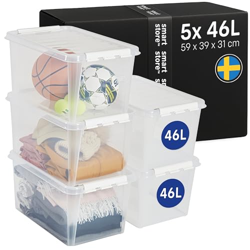 SmartStore Aufbewahrungsboxen 5er-Set 46L I Stapelbare Kunststoffbox mit Deckel I BPA-frei & lebensmittelecht I Organizer für Campingbus, Werkstatt oder...