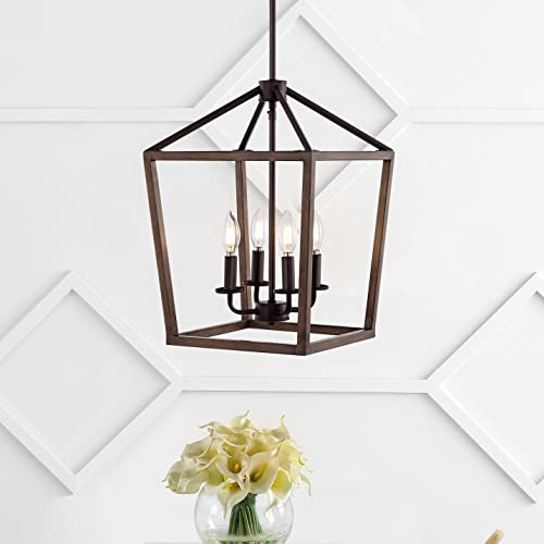 Image of JONATHAN Y Oria 4-Light Lantern Pendant 13 inch, Oil Rubbed Bronze /Faux Wood | Metal Cage Chandelier, Adjustable Downrod, Kitchen Island Foyer Entry Lighting, LED Bulbs Included