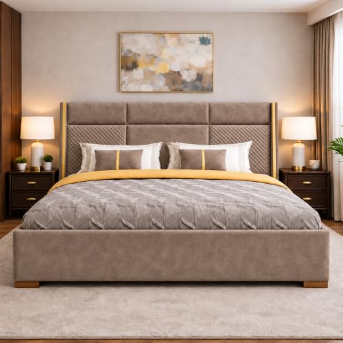 Image of Royal Modern Upholstered King Size Bed with Hydraulic Storage for Bedroom | Wooden Double Beds for Home & Hotels | Platform Cot Bed with Upholstery Fabric, 6.5 x 6 Ft | Sheesham, Brown