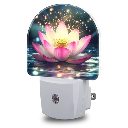 Image of Night Lights Plug into Wall Sparkle Pink Lotus Night Light Dusk to Dawn Smart Sensor Decorative Round Led Lamp for Bedroom Kitchen Hallway Nightlight for Women Men