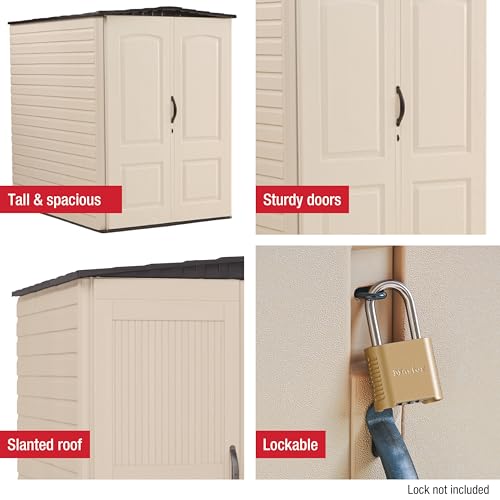 Image of Rubbermaid Large Vertical Resin Outdoor Storage Shed With Floor (6.2 x 4.6 Ft), Weather Resistant, Beige /Brown, Organization for Home /Backyard /Garden Tools /Lawn Mower /Bike Storage /Pool Supplies